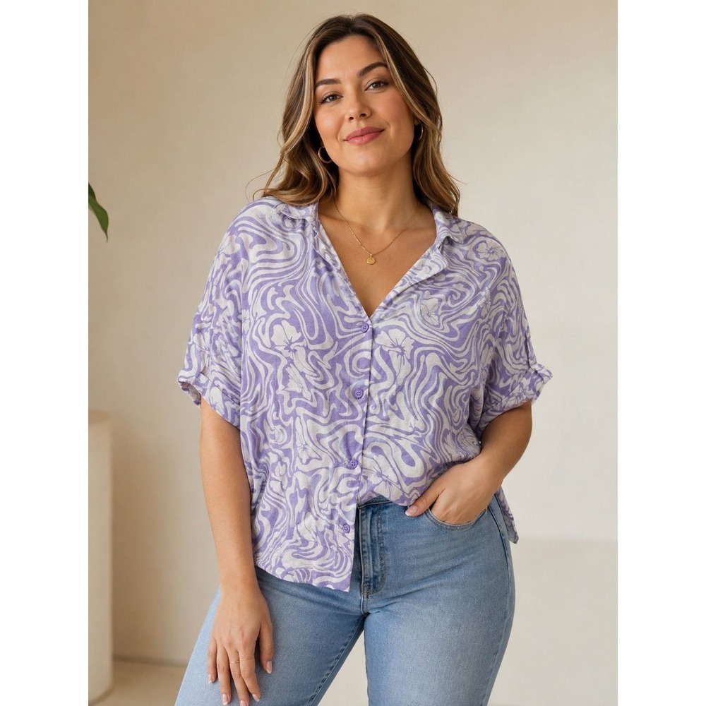 HM Divided Purple White Psychedelic Swirl Floral Button Up Shirt Womens XL